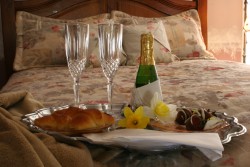 bed with a tray of 2 wine glasses, bottle of wine, fruit and flowers