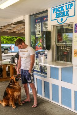 man in shorts and t-shirt standing outside with a dog by an ice cream counter 
