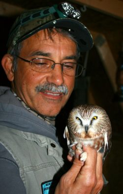 man holding a very small owl