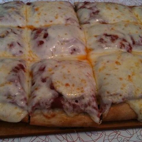 square pizza with sauce, cheese and pepperoni