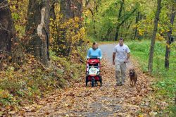 family walking dog on trail in the fall