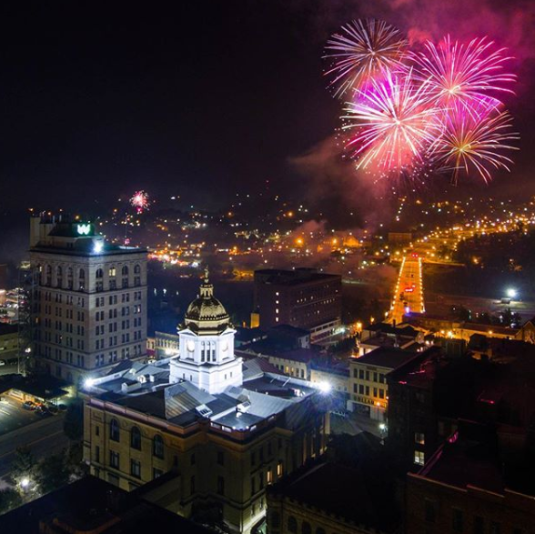 Fireworks over downtown landscape