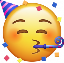 yellow smiley face with a party hat and party horn