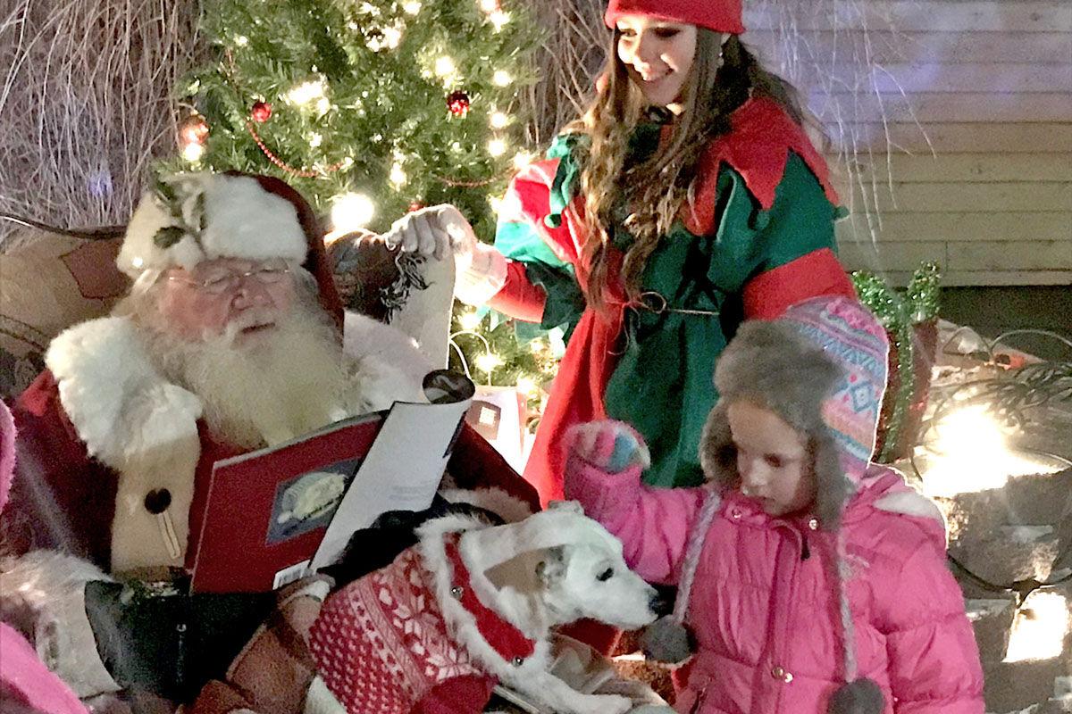 Santa reading a book with a girl in pink coat petting a white dog and a girl dressed like an elf standing close
