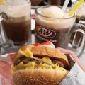 2 rootbeer float mugs and cheese burger