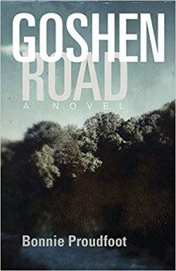 book jacket with green background with mountains and the title Goshen Road