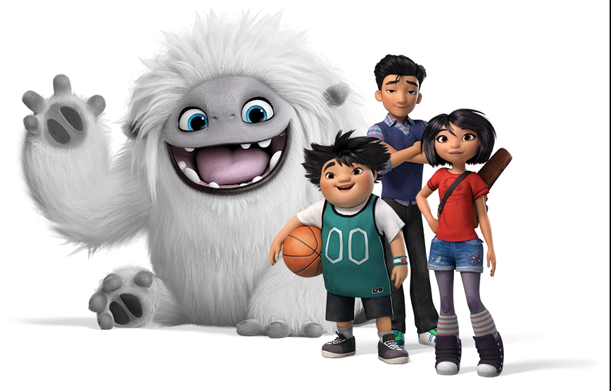 animated white Yeti, a bly holding a basketball, a teenage boy and girl