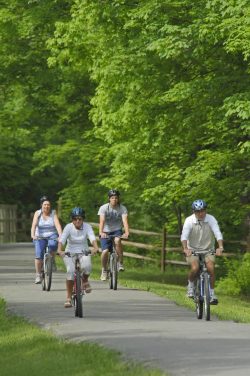 group of people riding bikes on a paved rail trail