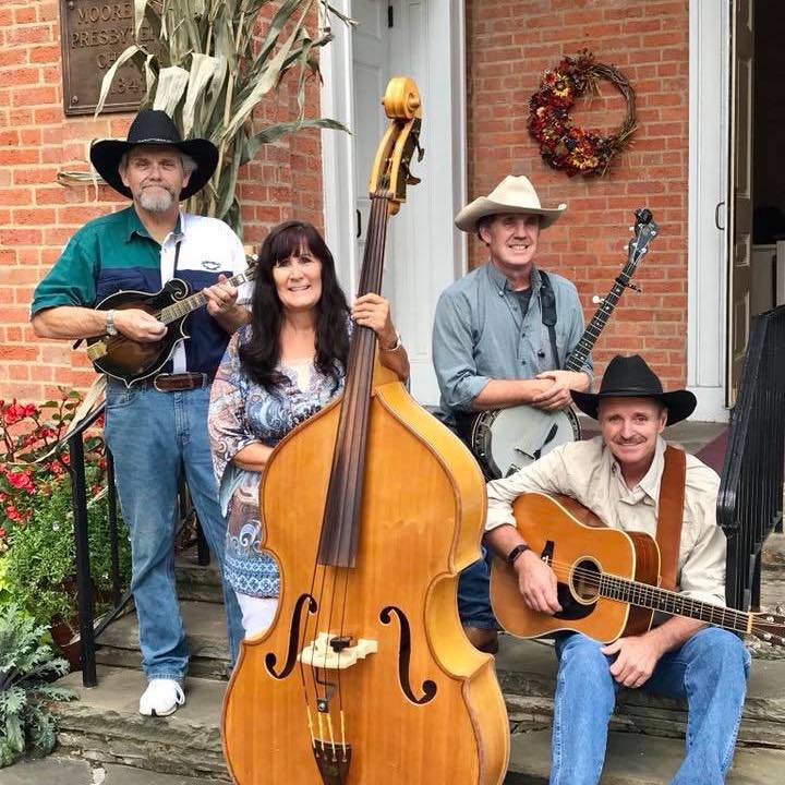 four musicians - three men and one woman holding string instruments