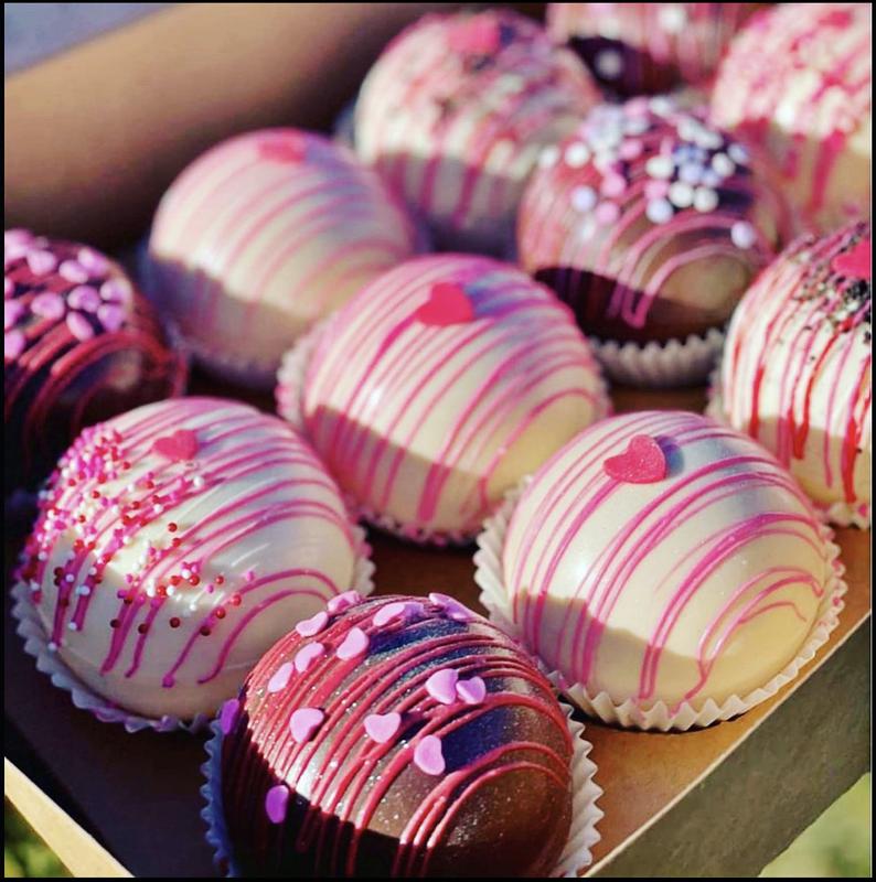 round chocolate candy decorated for Valentine's Day