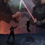 2 men dueling with light sabers