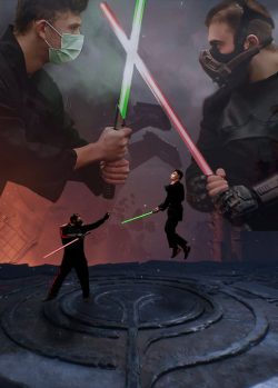 2 men dueling with light sabers