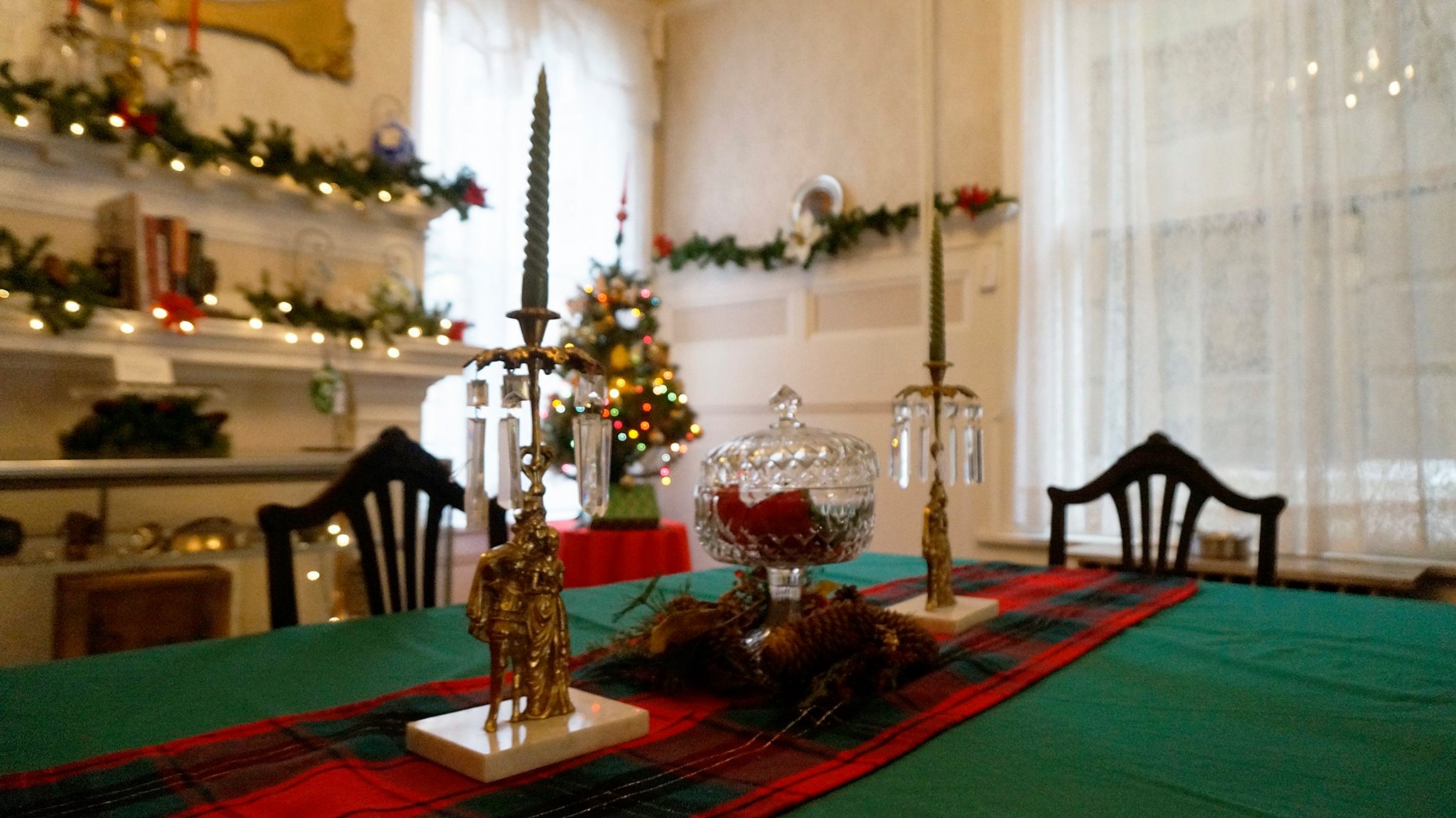 interior of museum decorated for Christmas