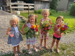 four little girls standing in front of a barn holding bouquets of wildflowers